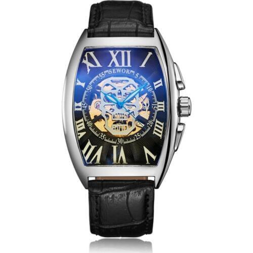 Wine barrel type hollow back skeleton skull mens automatic mechanical watch belt mens watch