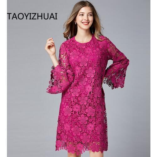 TAOYIZHUAI new spring sexy style large size L rose red dress female models fashion hollow party elegant half sleeve 16276