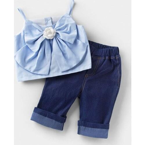 Toddler Girls Princess Clothing Set Flower Bow Vest Denim Pant Two Piece Kids Suits for Girl 2 3 4 5 6 7 Year Children Costume