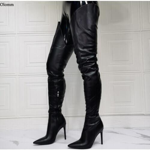 Olomm 2021 New Fashion Women Winter Thigh High Boots Sexy Stiletto Heels Pointed Toe Elegant Black Shoes Women Plus US Size 6-15