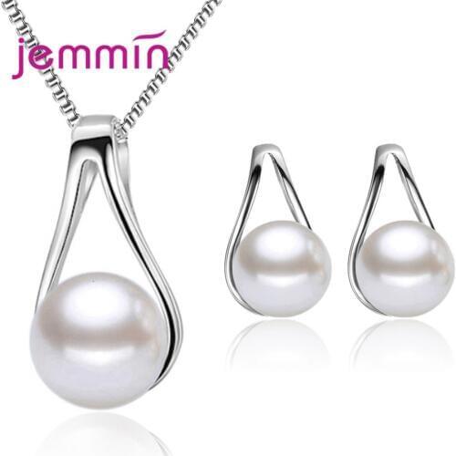 925 Sterling Silver Pendant Necklace Hoop Earrings Jewelry Set For Women Party Fashion Jewelry Trendy Style Pearls Design