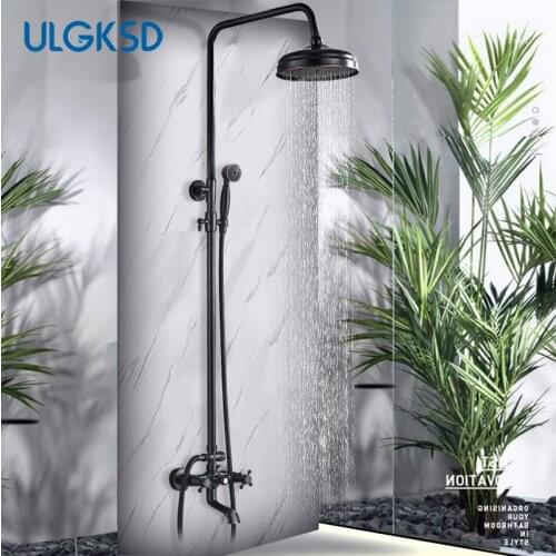 Black Bronze Bathroom Shower Faucets Brass Wall Mount Dual Handle 8 Inch Rainfall Shower Head Set Faucet Mixer Water Tap