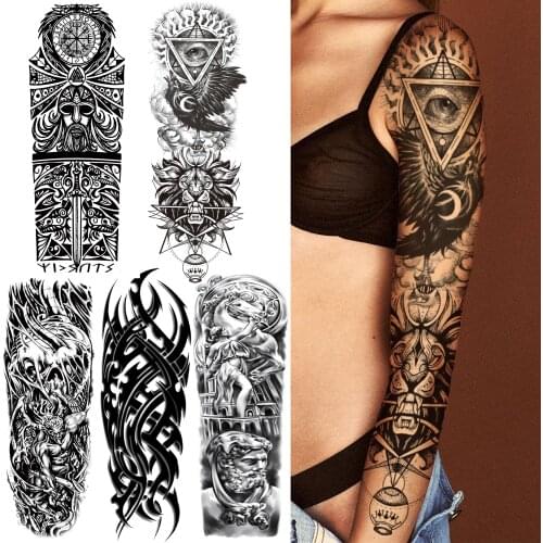Triangle Tribal Eagle Lion Full Sleeve Temporary Tattoos For Women Men Adult Black Totem Thorns Tattoo Sticker Fake Demon Tattos