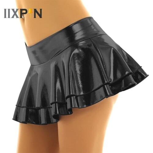 Womens Clubwear Shiny Metallic Sexy Club Mini Skirts Low Rise Layered Ruffled Mini Skirt for Dance Festivals Cocktail Costumes