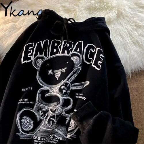 Dark Style Kawaii Bear Print Hoodie Long Sleeve Loose Plus Size Autumn Thin Section Sweatshirt Harajuku Gothic Women Streetwear