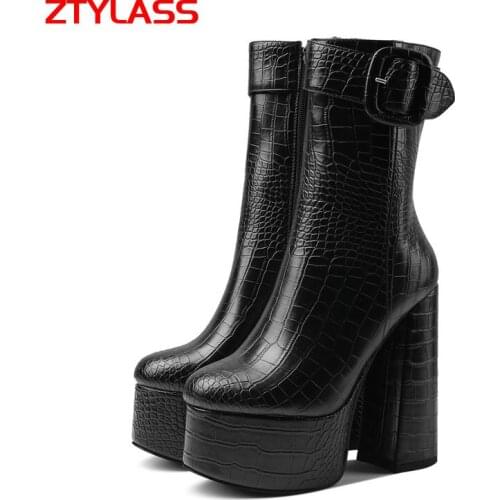 2021 New Platform Women Boots Faux Crocodile Skin Square High Heel Ankle Boots Punk Style Autumn Winter Woman Shoes Black White