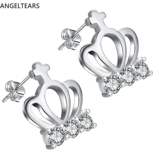 2018 New Silver color crown stud earrings with zircon Woman Girl Fashion Party Jewelry Wedding Gifts drop shipping brincos