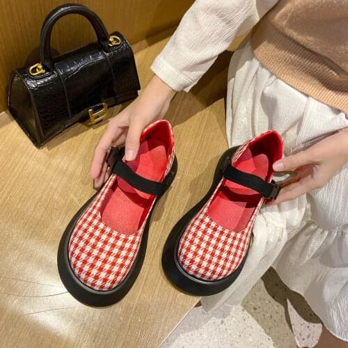 FONBERRY Red Plaid Chunky Heel Platform Mary Janes Shoes Women Buckle Strap Round Toe High Heels Women Pumps Vintage Goth Shoes