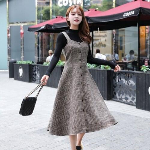 Autumn Women Midi Sundress Suspenders Vintage Plaid Woolen Sleeveless Dress Elegant Chic Warm Vestido Mujer MH382