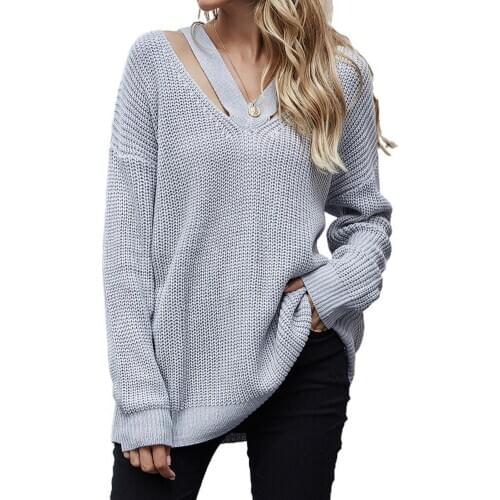 Women Autumn Winter V Neck Long Sleeve Hollow Out Knitwear Sweater Loose Jumper