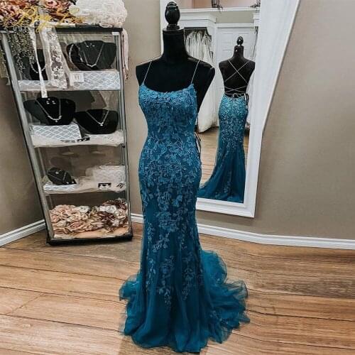 Mermaid Evening Gown Dark Green Scoop Neck Low Back Bandage Spaghetti Straps Long Train Lace Appliques Party Formal Dress robe