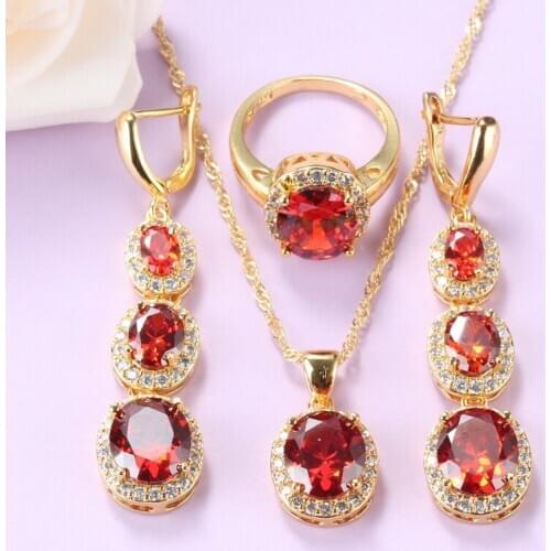 Gold-Color African Bridal Wedding Jewelry Set For Women Gift Red Garnet Long Earrings Necklace And Ring 3-Piece Sets