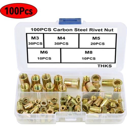 100pcs M3/4/5/6/8 Zinc Plated Carbon Steel Knurled Nuts Flat Head Threaded Rivet Insert Nutsert Cap Nuts