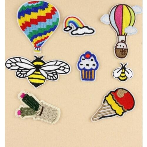 100pcs/lot Decorative Embroidery Patches Biker Badges Hot Air Balloon Cactus Bee Rainbow Ice Cream Clothing Sewing Accessories