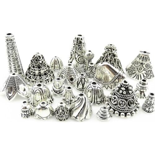 20Pcs/Lot Mixed Alloy Ethnic Varisized Flower Pattern Charms Heart Shaped Fish Leaves Tassel Cap Ends Beads Jewelry Making 19979