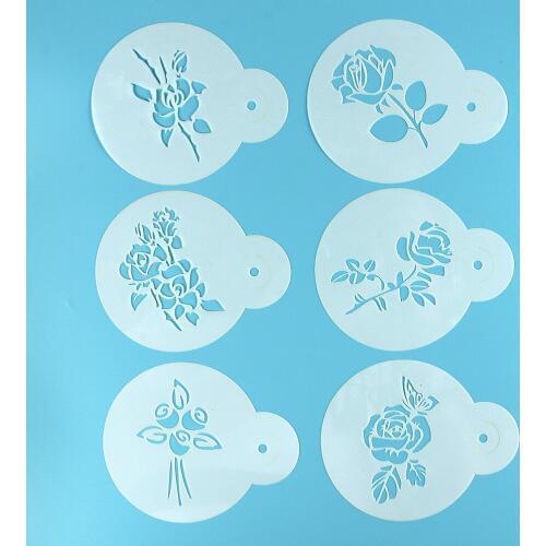 Facemile 6PCS Valentines Day Cake Stencil Flowers Rose Leaf Cupcake Cookie Decoration Template Mold Baking Tools For Cakes