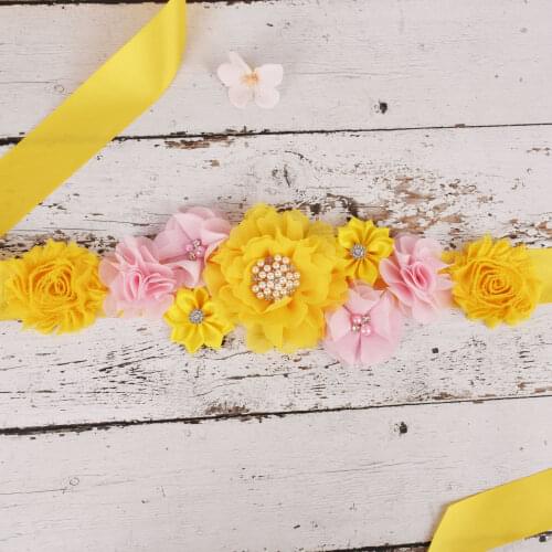 Maternity Sash Flower Sash Yellow/Pink Pregnancy Belly Belt Photo Props Gift Baby Shower Party Sash Flower Girl Belt 3 Yards