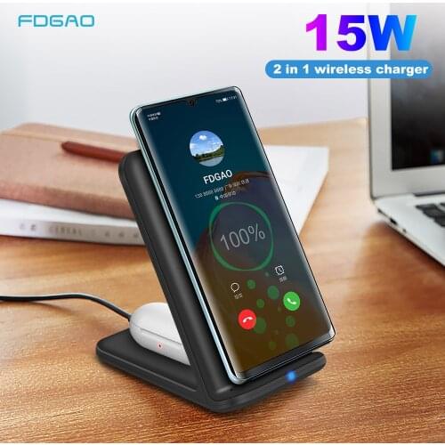 FDGAO 15W Qi Wireless Charger Stand 2 in 1 Quick Charging Station Phone Holder For iPhone 12 11 XS XR X Samsung Galaxy S21 S20