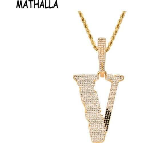 MATHALLA Iced Out Letters Pendant Necklace With Chain 2 Colors AAA Zircon Necklace Fashion Hip Hop Rock Jewelry For Gifts