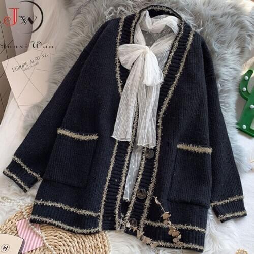 Black Elegant Long Sleeve Loose Sweater Women 2020 New Single Breasted Female Cardigan Soft Knitted Jumper Pull Femme