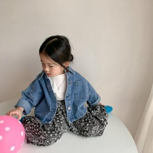 2021 Spring New Kids Clothes Coat Loose Blue Turn Down Collar Denim Jacket