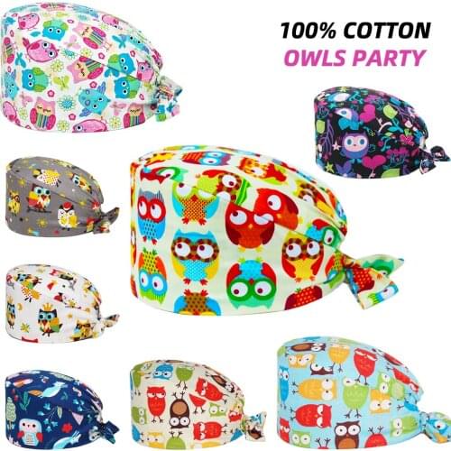 Owls Print Scrubs Cap Adjustable Cotton Cartoon Scrub Caps Nurse Uniform Accessories Pet Shop Chef Lab Work Anime Nursing Hats