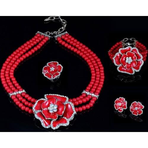 Red imitation pearl Nigerian Wedding necklace bridal jewelry sets womens gold African beads jewelry sets necklace aneis