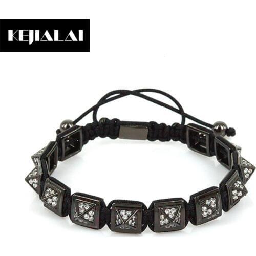 Famous Brand Men Bracelet Square Shape Spikes Braiding Macrame Bracelet 10*10*8mm Square Beads with White CZ Punk Rock Jewelry
