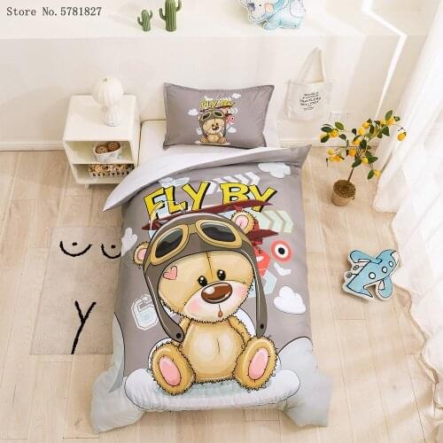 2/3 Pieces Cartoon Bear Bedding Set Wear Helmet Duvet Cover Twin Queen King Bed Cover Set For Bedroom Bed Quilt Cover Pillowcase