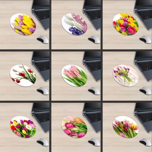 XGZ Flowers Round Mouse Pad Tulip Girl Natural Beautiful Carnation Simple Pink Rose Valentines Day Desk Mat Rubber Green Life