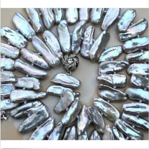 Rare Natural Grey Abnormal Biwa akoya Freshwater Pearl Necklace 18 "AAA