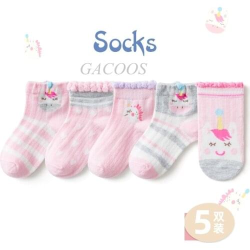 New Pink Unicorn Sock for Girls Toddler Infant Striped Cotton Breathable Sport Socks Kids Boys Candy Color Short Sock 5Pairs/Set