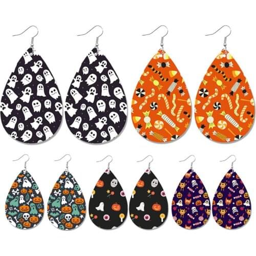 Potosala Halloween Leather Drop Earrings Print Pumpkin Ghost Candy Earrings New Fashion Ladies Ear Jewelry Gifts