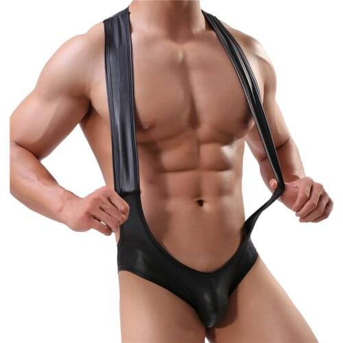 Sexy Mens Undershirts One Piece Bodysuits PU Leather Jumpsuits Teddies Shapers Gay Men Underwear Leotard Nightwear Undershirt