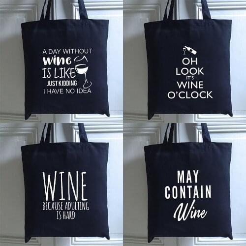 Womens Shopping Bag Its Wine O'clock Letter Print Cotton Canvas Cloth Bag Female Graphic Cotton Shopper Bag New Shoulder Bag