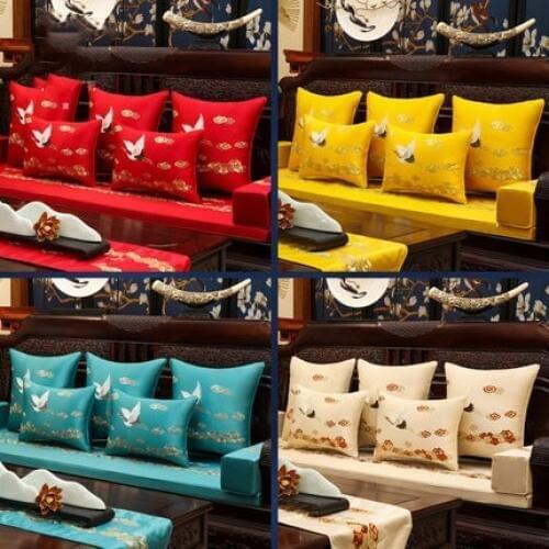Fine Embroidery White Crane Silk Cover Cushion Pillow Case Xmas Luxury Sofa Chair Cushion Cover Chinese Lumbar Pillow Cover
