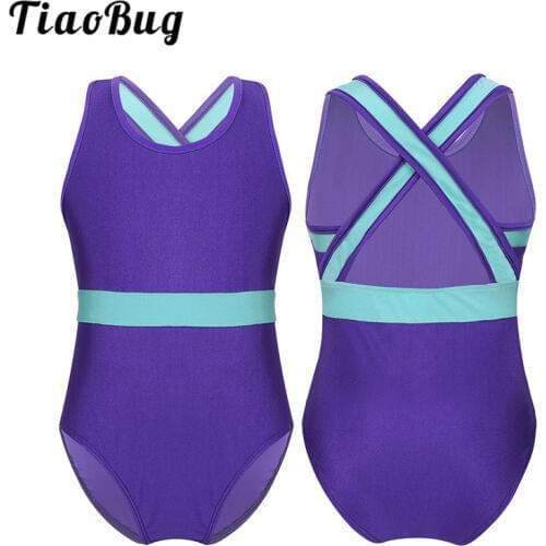 TiaoBug Kids Teens Sleeveless Color Block Ballet Leotards Stage Dance Costume Girls Gymnastics Leotard Bodysuit Child Dance Wear
