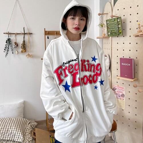 Vintage Print Oversized Hoodies Female Zip Up Long Sleeve Women Sweatshirt Y2K Aesthetic Winter Grunge Streetwear clothes tops