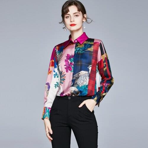 Vintage Printed Spring Blouse Women Single Breasted Turn Down Collar Shirts Tops Long Sleeve Loose Casual Plaid Europe Top C856