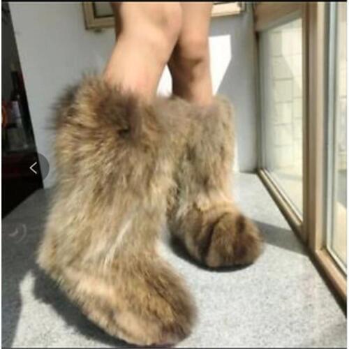 2020 Big Size Winter Womens Faux Fox Fur outdoor Boots Fluffy Stripe Furry High top Boots Woman Fur Home Female Warm Home Shoes