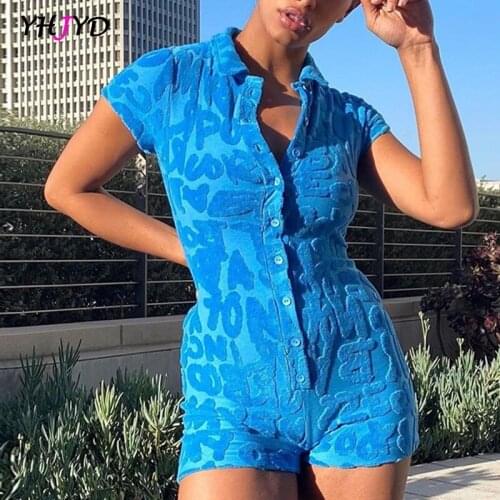 Short Sleeve Rompers Bodycon Women Blue 2021 Summer Casual Green Buttons Bodysuit V Neck Fashion Sexy Playsuit Y2K