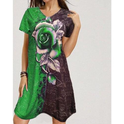 Summer Elegant Rose Print Dress 2021 Women Casual Fashion V-neck Plus Size Green Knee-length Dresses Ladies Loose Party Dress