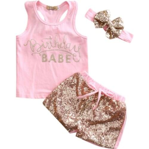 Summer Newborn Lovely Baby Girls Cotton Vest Tops Romper Sequin Pants Outfits 3Pcs Set Clothes 0-24M