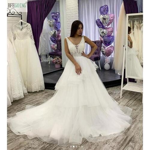 White Tulle Lace V-Neck Sleeveless Floor-length A-line Wedding dress Chapel Train Bridal gown Custom made