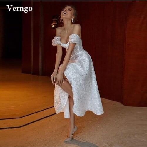 Verngo Ivory Sequin Glitter Short Prom Dresses Off Shoulder Straps Corset Midi Evening Party Gowns Sexy Sweetheart Formal Dress