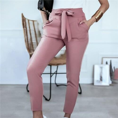 Fashion Womens Trousers Solid Color Stripe Flouncing Pants High Waist Slim Cropped Trousers Ladies Trendy Lace-up Slacks
