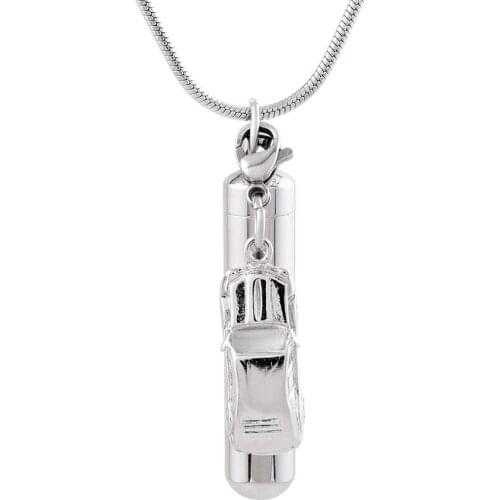 IJD9856 Stainless Steel Long Tube Cylinder Cremation Pendant Memorial Necklace Ashes Urn with Small Car Charm Keepsake Jewelry