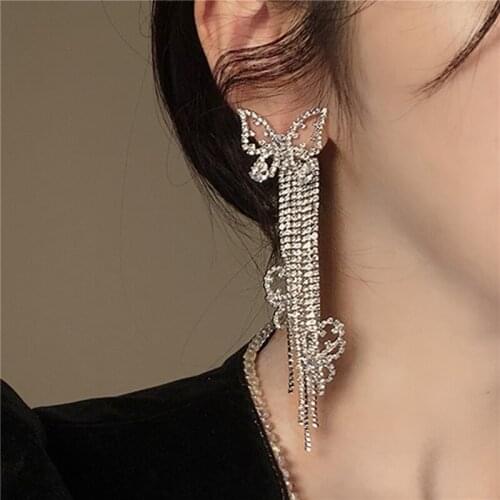 Long Tassel Rhinestone Drop Earrings for Women Oversize Hollow Butterfly Crystal Dangle Earrings Jewelry Accessories