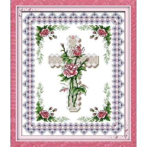 Joy Sunday Rose &Cross Counted Cross Stitch Kits 11&14CT DIY Cross Stitch Embroidery Needlework For Home Decor Handmade DIY Gift