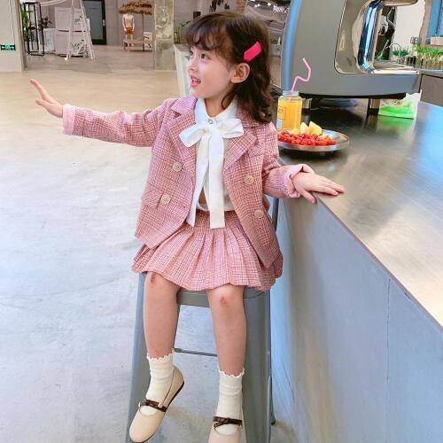 Preppy Style Childrens Suits Spring Autumn Girls Two Pieces Set Plaid Suit Jacket + Pleated Skirts Kids Formal Suit 3-13T